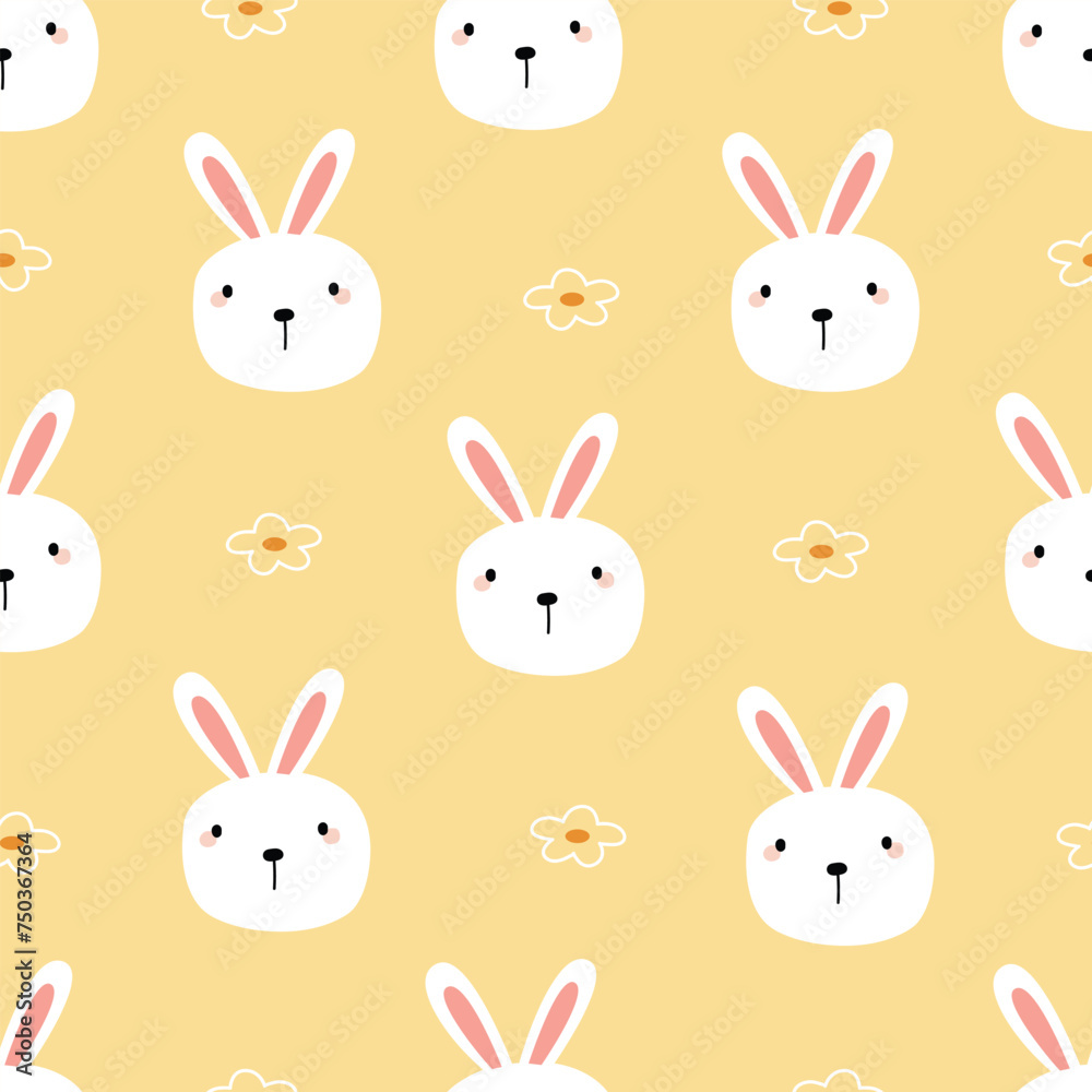 seamless pattern with rabbits and flowers on a yellow background