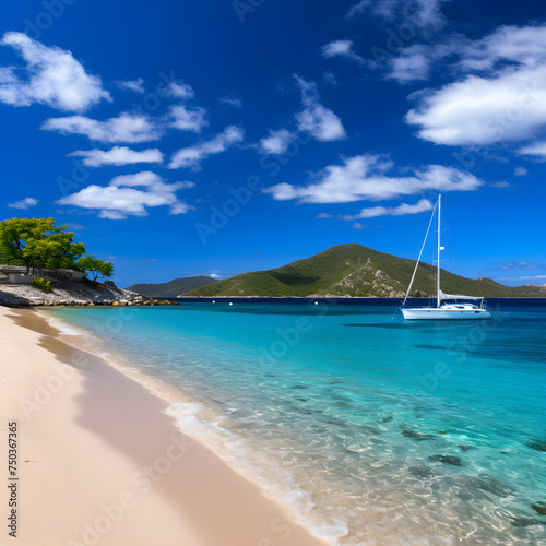 A Picturesque Day at a Serene British Virgin Islands Beach with Azure Sky, Crystalline Ocean, and Lush Vegetation