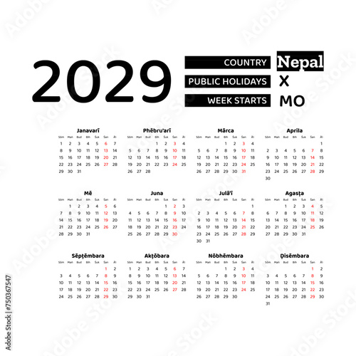 Calendar 2029 Nepali language with Nepal public holidays. Week starts from Monday. Graphic design vector illustration.