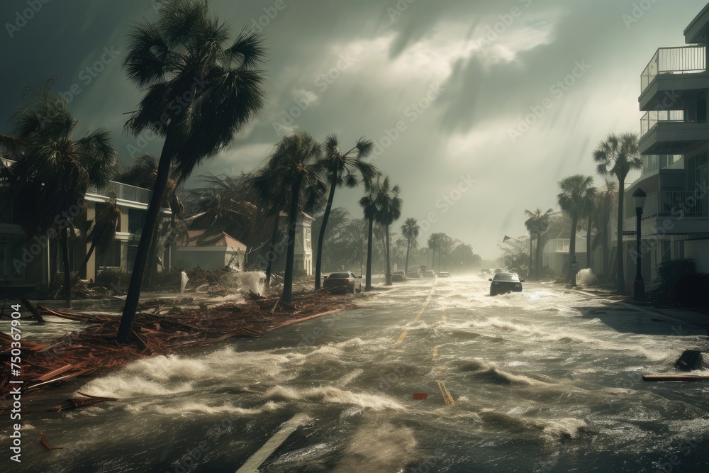 strong wind hurricane та island flood disaster, Hurricane in Florida state of United States, Ai generated strong wind hurricane та island flood disaster, Hurricane in Florida state of United States, Ai generated