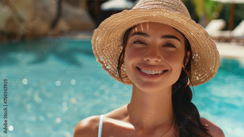 A fashionable female tourist cheerfully wears a summer hat while standing in front of a swimming pool in a luxury resort.