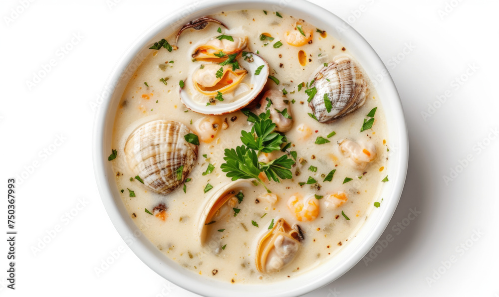 Clam chowder in a brown bowl, top-down view isolated on white background. Creamy seafood soup concept for design and print