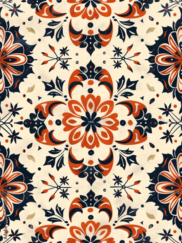 Fototapeta premium Multicultural design. Mediterranean tile wallpaper. Portuguese Azulejo. Turkish motif. Moroccan tilework. Spanish pottery. Ceramic tableware tribal print. Tile motif. Indian quiltwork.