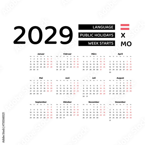 Calendar 2029 German language with Austria public holidays. Week starts from Monday. Graphic design vector illustration.
