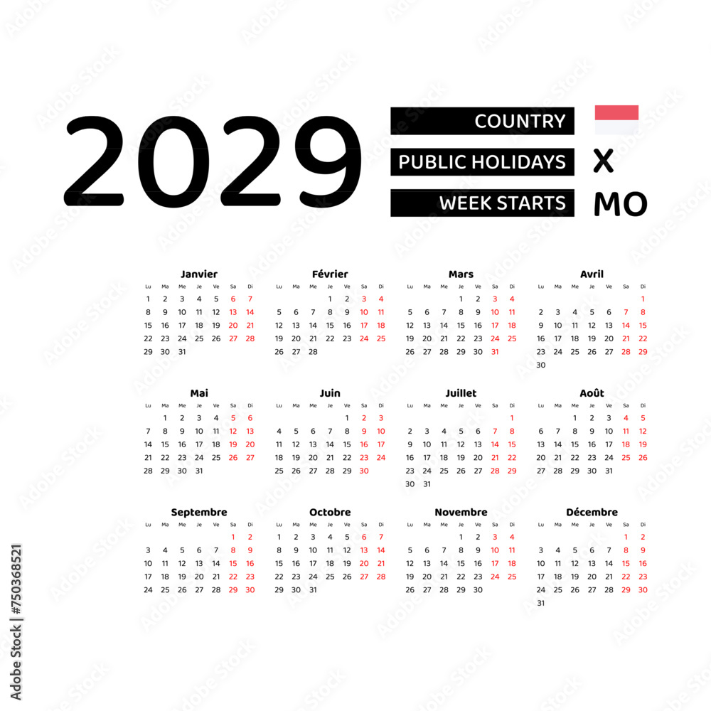 Calendar 2029 French language with Monaco public holidays. Week starts from Monday. Graphic design vector illustration. Calendar 2029 French language with Monaco public holidays. Week starts from Monday. Graphic design vector illustration.