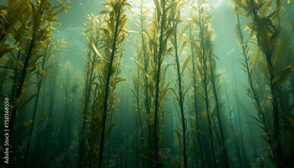 A kelp forest with tall stalks reaching the water surface, mainly exhibiting Ecklonia maxima from below - obrazy, fototapety, plakaty 