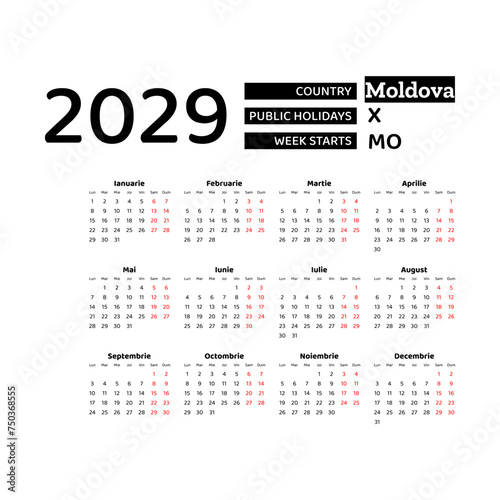 Calendar 2029 Romanian language with Moldova public holidays. Week starts from Monday. Graphic design vector illustration.