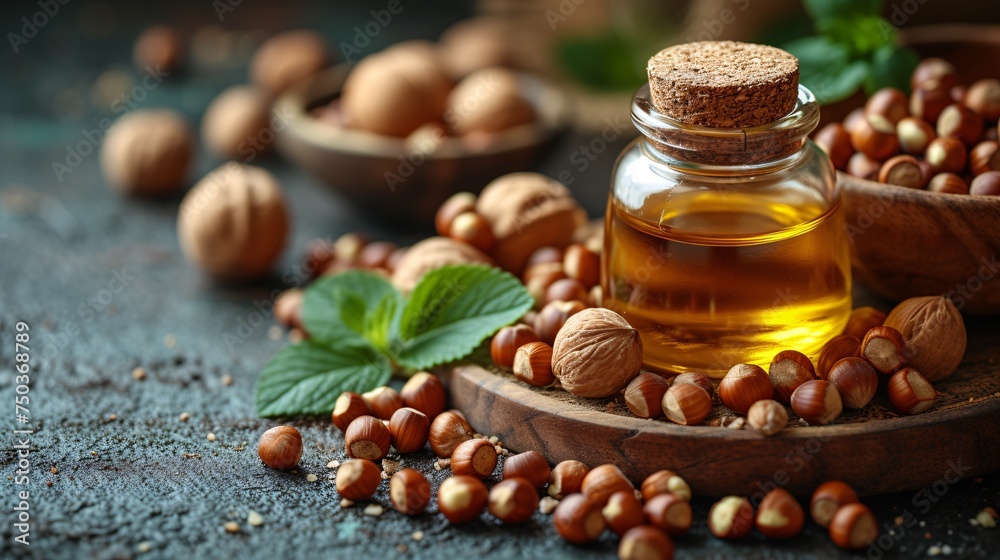 Aerial view of hazelnut oil and newly harvested nuts. Blank area for your words. Aerial view of hazelnut oil and newly harvested nuts. Blank area for your words.