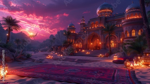 a magical Arabian nights scene in the desert with a palace and flying carpet and a genie