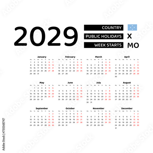 Calendar 2029 English language with Micronesia public holidays. Week starts from Monday. Graphic design vector illustration.