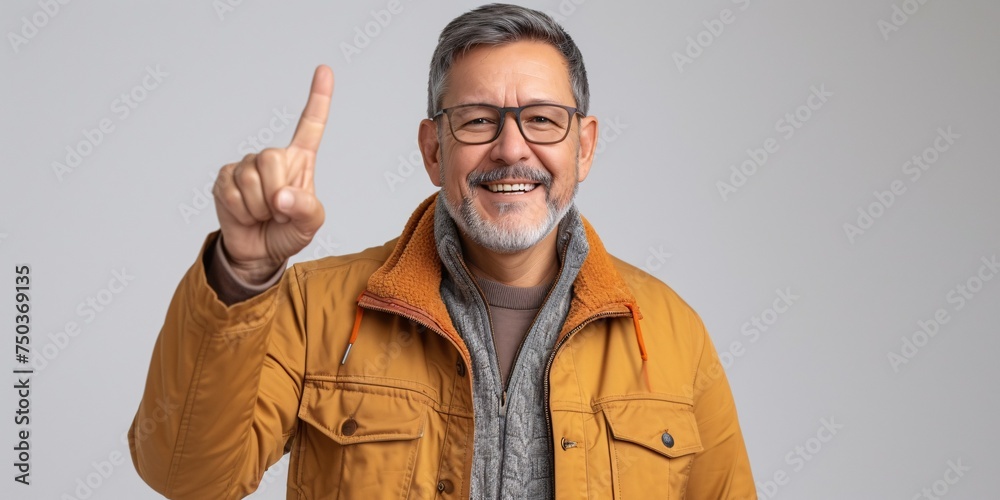 A middle-aged white man in casual attire grinning and self-assuredly making a small gesture with his hand, gazing at the camera. Idea of measuring. A middle-aged white man in casual attire grinning and self-assuredly making a small gesture with his hand, gazing at the camera. Idea of measuring.
