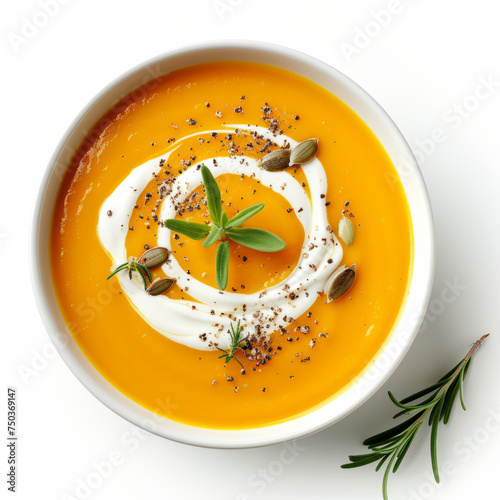 Pumpkin soup with cream and herbs in a bowl, top-down view isolated on white background. Winter comfort food concept for design and print