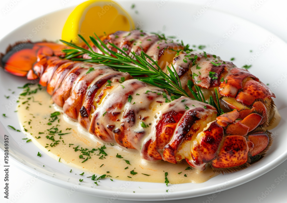 Grilled lobster with cream sauce and lemon garnish on a white plate, studio shot isolated on white background. Gourmet seafood cuisine concept for design and print.