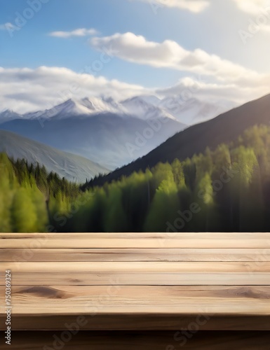 Empty wooden table with background of forest and mountains. Ready for product display Generative AI