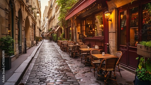 Vintage avenue lined with bistro tables in Paris, France. Charming urban view of Paris. photo