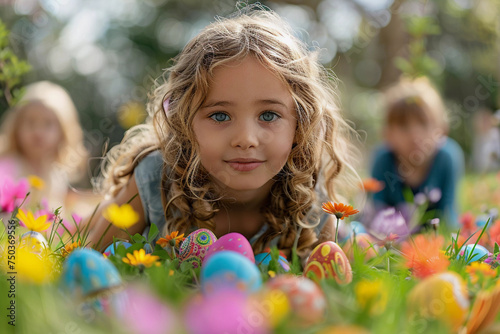 Child on Easter Egg Hunt in Spring Garden. A curious child with sparkling blue eyes searches for colorful Easter eggs hidden among the flowers in a vibrant spring garden. 