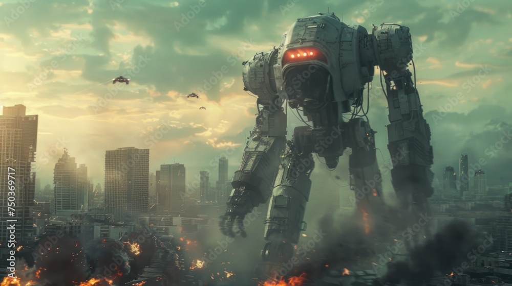 A huge futuristic robot battles with a burning city as the backdrop. A huge futuristic robot battles with a burning city as the backdrop.