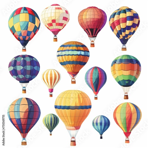 Colorful Hot Air Balloons Floating Against White Background, Perfect for Travel Themes