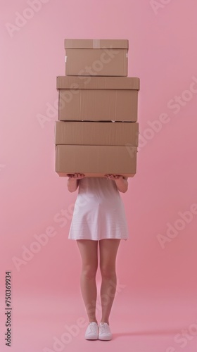 Slender individual holding up a tower of cardboard boxes that obscures their body on a pink backdrop photo