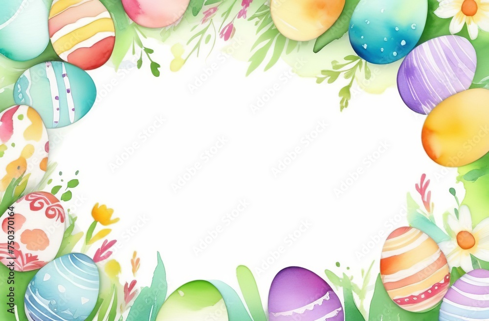 Easter border of eggs, spring flowers, bows, Easter bunny with copy space in the middle. Happy Easter background. Flat lay, top view, copyspace. Pastel colors frame, free place for text. Banner design