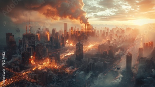 A huge futuristic robot battles with a burning city as the backdrop. photo