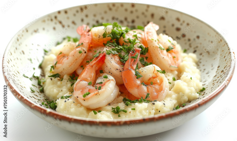 Exquisite shrimp with grits, atmospheric shots with a rich palette of creamy white and pink shrimp, side view on a white background Exquisite shrimp with grits, atmospheric shots with a rich palette of creamy white and pink shrimp, side view on a white background