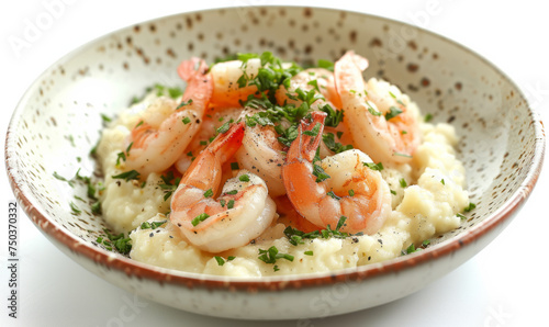 Exquisite shrimp with grits, atmospheric shots with a rich palette of creamy white and pink shrimp, side view on a white background