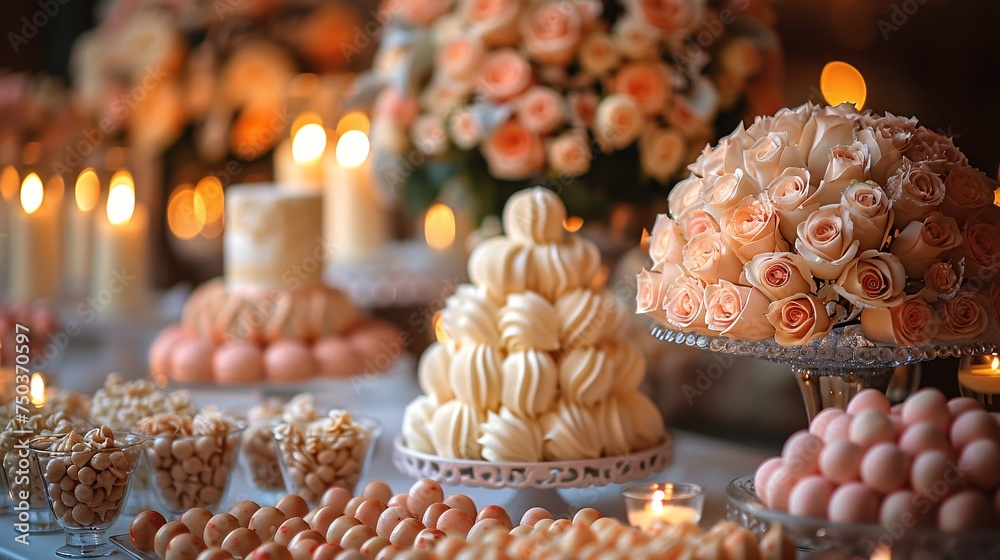 Candy buffet for wedding with sweet adornments.