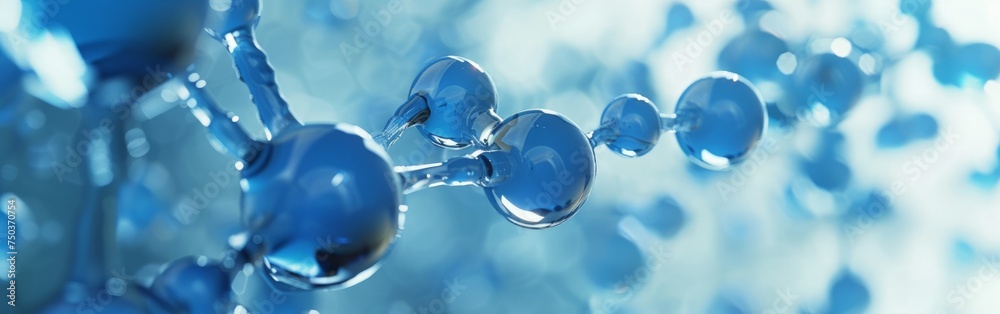 blue molecule atoms structures on blue liquid serum background. Science Molecular water drop DNA Model Structure Atoms bacgkround Medical - obrazy, fototapety, plakaty 