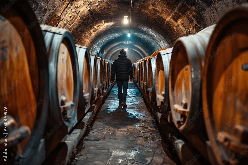 A youthful traveler explores a historic wine cellar in France filled with traditional wooden casks.