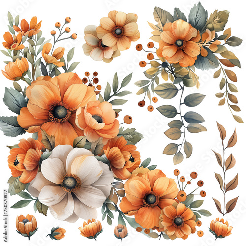 big set of floral flowers and leaves, png file © ehsan