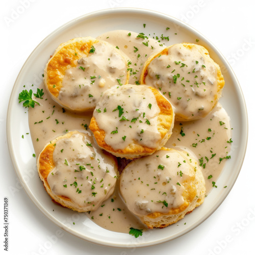Golden biscuits smothered in creamy gravy, garnished with parsley, top view isolated on white background. Comforting breakfast concept