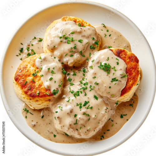 Creative angles showcasing Biscuits and Gravy, Seductive textures of soft biscuits soaked in creamy gravy, Vibrant colors contrasting on the plate, top-down view isolated on white background