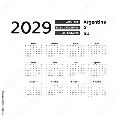 Calendar 2029 Spanish language with Argentina public holidays. Week starts from Sunday. Graphic design vector illustration.