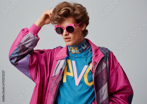 Trendy Young Male Model Sporting Retro Sunglasses and Colorful 80s Fashion Look © Qstock