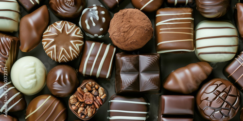 An assortment of gourmet chocolates in white, dark and milk chocolate.