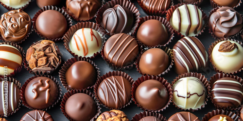 An assortment of gourmet chocolates in white, dark and milk chocolate. Chocolate. © AleksFil