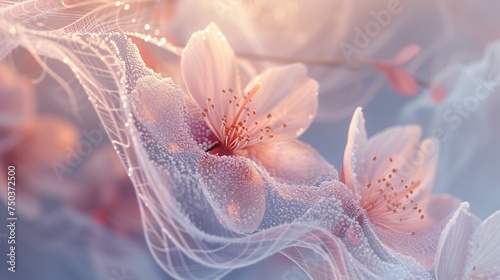 Frost Veil  Sakura blossoms unfurl beneath a gossamer veil of frost  their delicate forms bathed in winter s soft light.