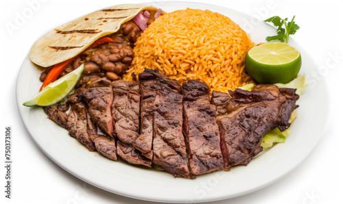 Carne Asada with sides of rice and beans, served with tortillas and a lime wedge, top-down view isolated on white background. Rich Mexican cuisine concept. Design for foodie blogs, recipe collections