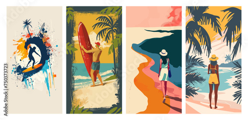Surfers and beachgoers enjoying tropical paradise scenes
