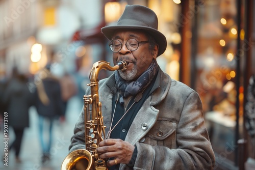 Saxophonist playing outdoors in the city