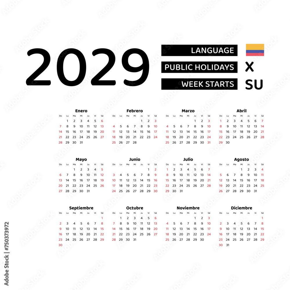 Calendar 2029 Spanish language with Colombia public holidays. Week starts from Sunday. Graphic design vector illustration.