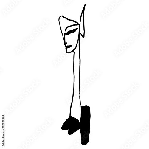 Hand drawn sketch of fantastic girl with long neck. Black and white silhouette.