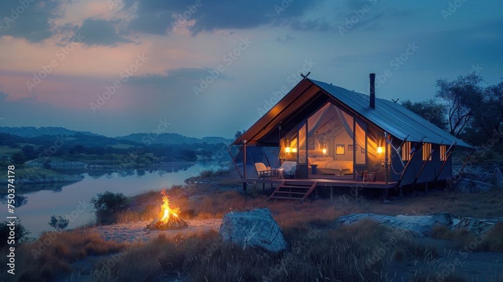 Obraz premium An organic modern safari tent with a large glass window.