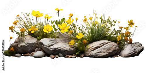 rock garden, water, grass, yellow flowers isolated on transparent background photo