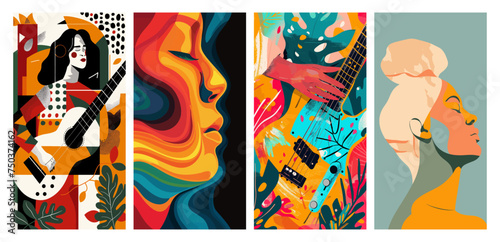 Colorful abstract art with guitar and female profiles