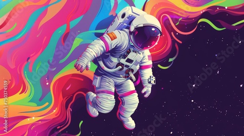Fototapeta Naklejka Na Ścianę i Meble -  Abstract wallpaper of an astronaut in space with rainbow, Colorful art of astronaut in the space