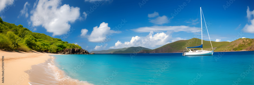 A Picturesque Day at a Serene British Virgin Islands Beach with Azure Sky, Crystalline Ocean, and Lush Vegetation