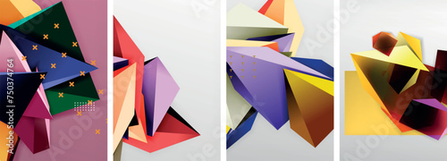 Trendy low poly 3d triangle shapes and other geometric elements background designs for wallpaper, business card, cover, poster, banner, brochure, header, website