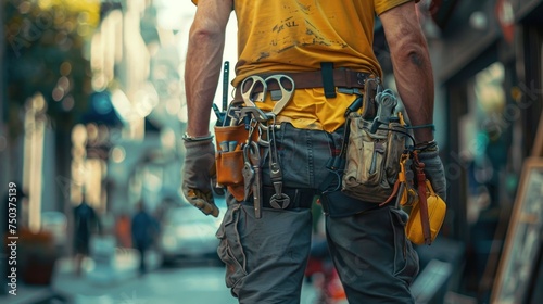 A maintenance worker wearing a bag and tools kit around his waist
